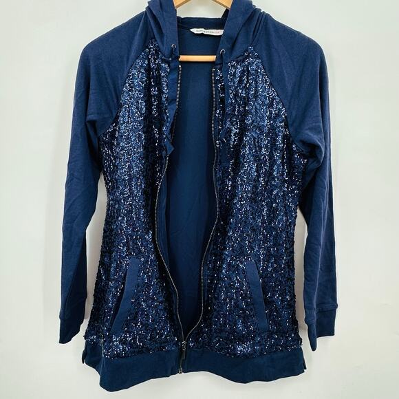 Isaac Mizrahi Live! Blue Sequined Hoodie Full Zip Jacket Womens 2XS XXS NWOT - Picture 2 of 16